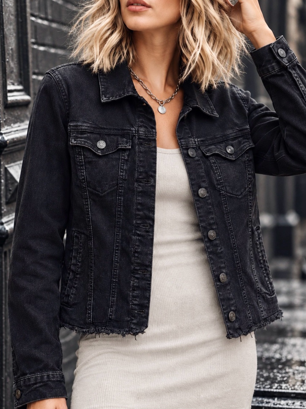 Angels Forever Young Black Denim Raw Hem Trucker Jacket Stretch Large